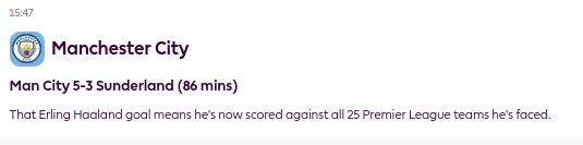 That Erling Haaland goal means he's now scored against all 25 Premier League teams he's faced.