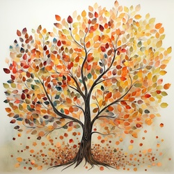Richly colored and detailed illustration of a tree full of fall leaves of different patterns and textures