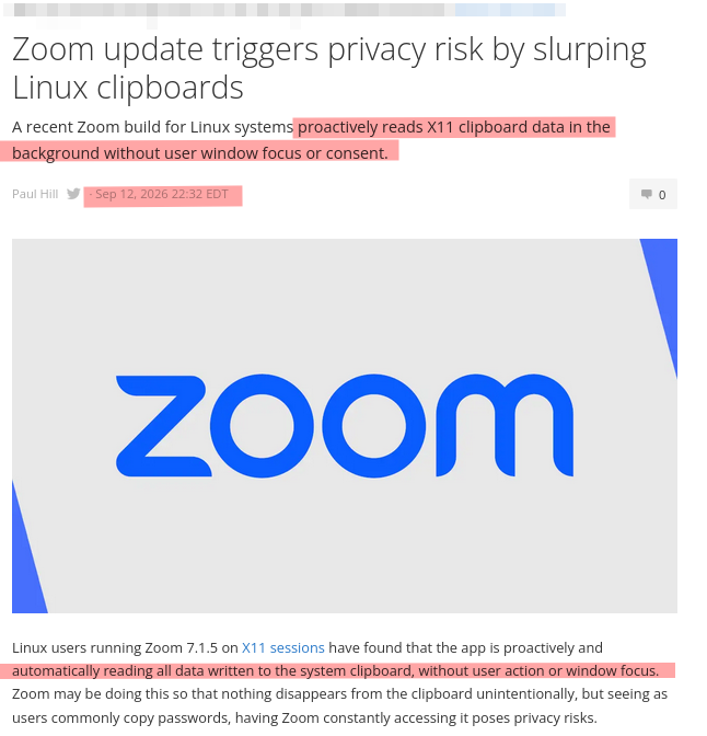 Zoom update triggers privacy risk by slurping Linux clipboards