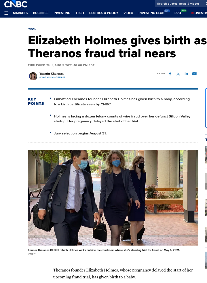 Elizabeth Holmes gives birth as Theranos fraud trial nears