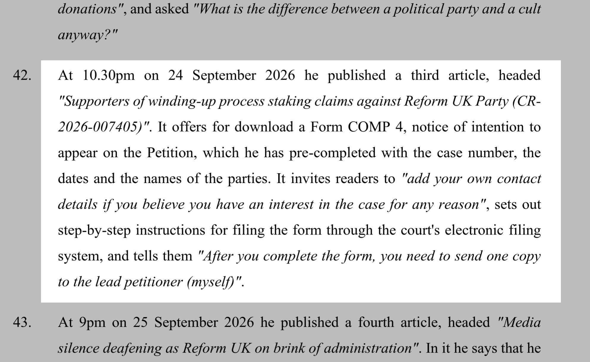 Reform UK, Nigel Farage, creditors, CR-2026-007405