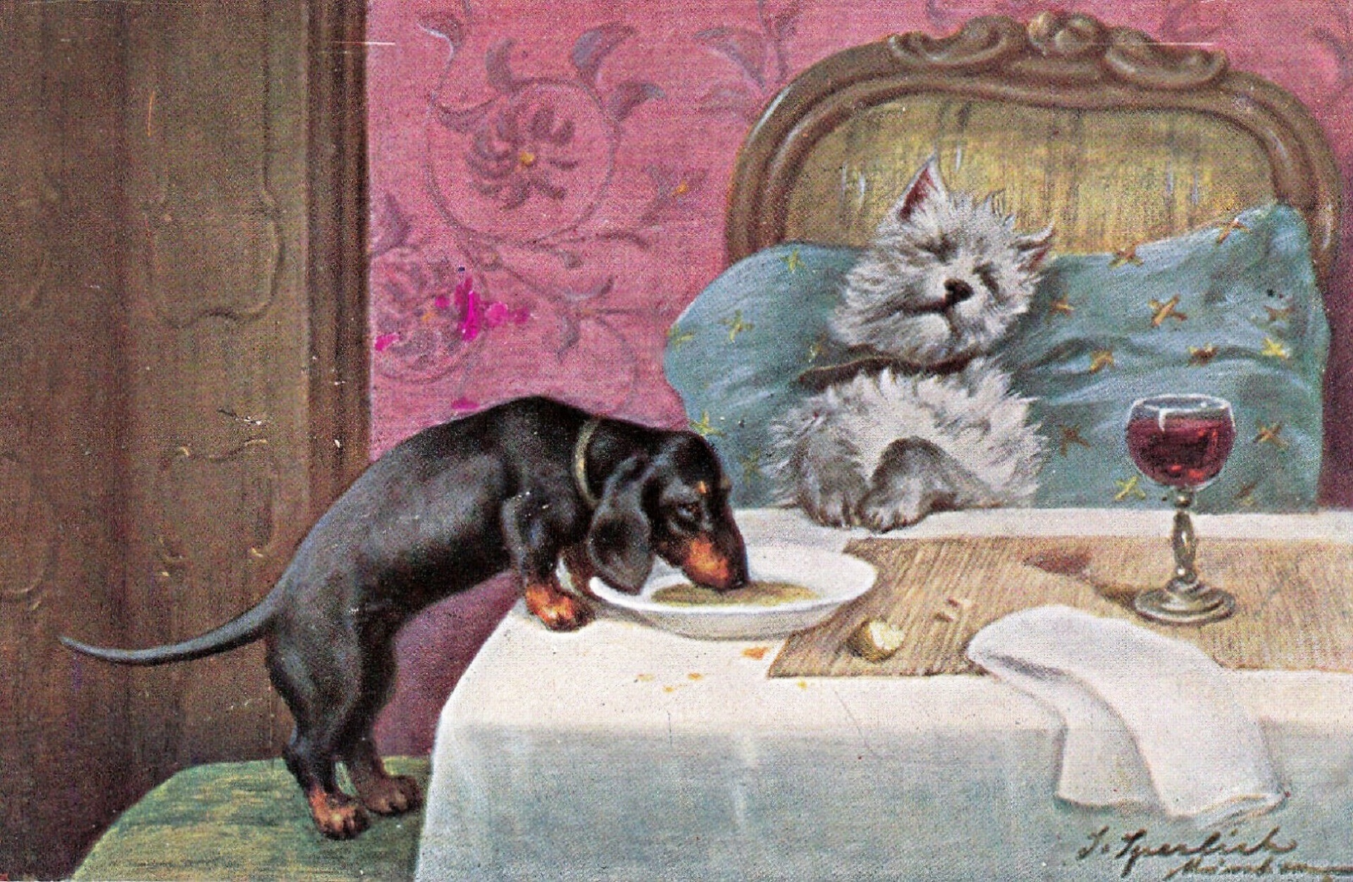 Dachshund eating sleeping dogs food