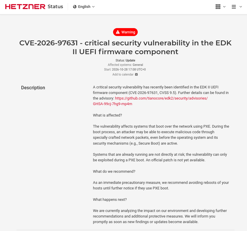 CVE-2026-97631 - critical security vulnerability in the EDK II UEFI firmware component