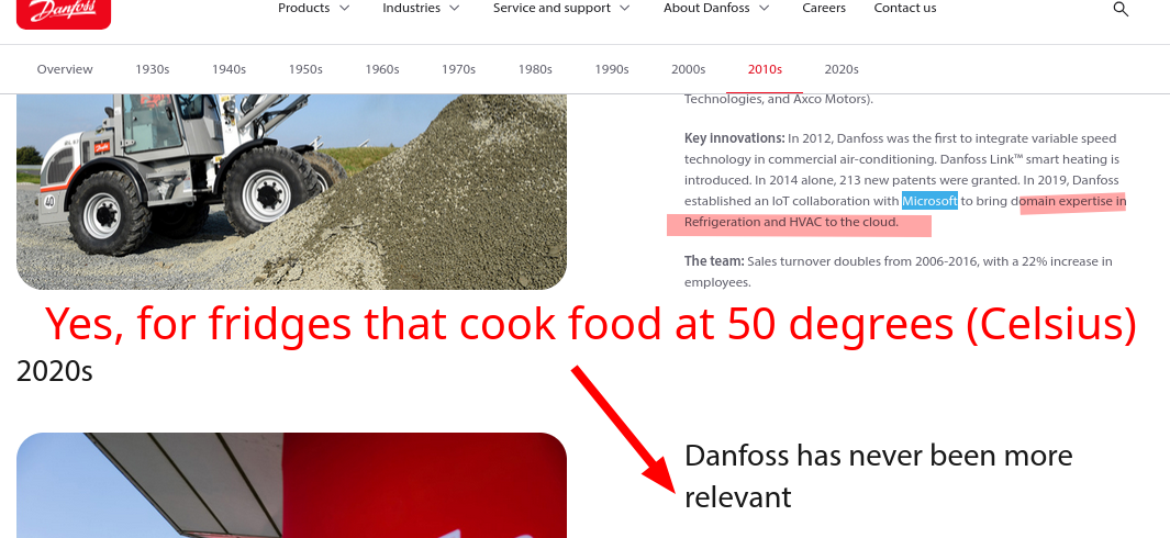 [Yes, for fridges that cook food at 50 degrees (Celsius)] In 2012, Danfoss was the first to integrate variable speed technology in commercial air-conditioning. Danfoss Link™ smart heating is introduced. In 2014 alone, 213 new patents were granted. In 2019, Danfoss established an IoT collaboration with Microsoft to bring domain expertise in Refrigeration and HVAC to the cloud.