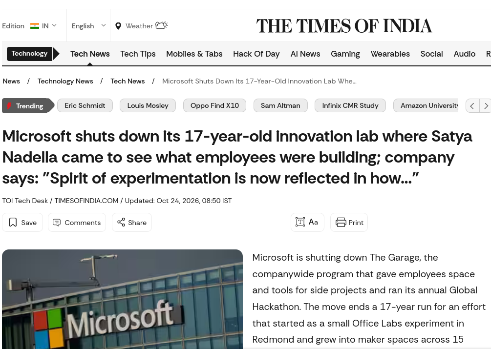 Microsoft is shutting down The Garage, the companywide program that gave employees space and tools for side projects and ran its annual Global Hackathon. The move ends a 17-year run for an effort that started as a small Office Labs experiment in Redmond and grew into maker spaces across 15 regions, from Vancouver and New York to Israel, India and Beijing. GeekWire first reported the news, citing an internal FAQ, and some Garage spaces could be restricted starting Friday, October 23.