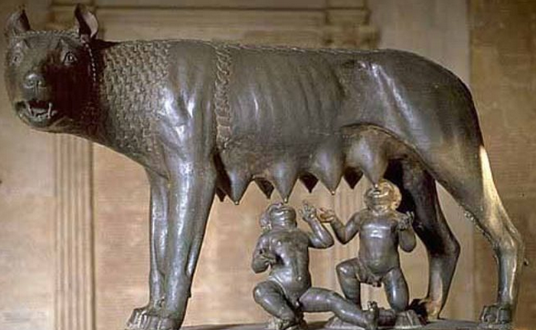 Sculpture of Romulus and Remus drinking milk from a she-wolf