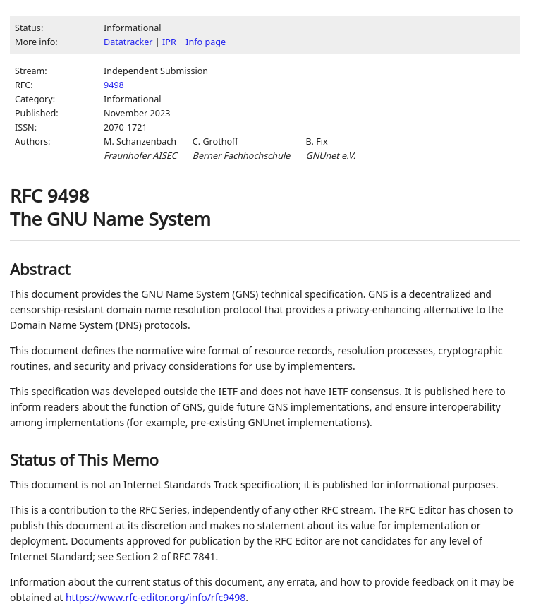 The GNU Name System, RFC 9498