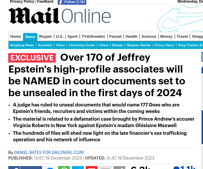 Over 170 of Jeffrey Epstein's high-profile associates will be NAMED in court documents set to be unsealed in the first days of 2024