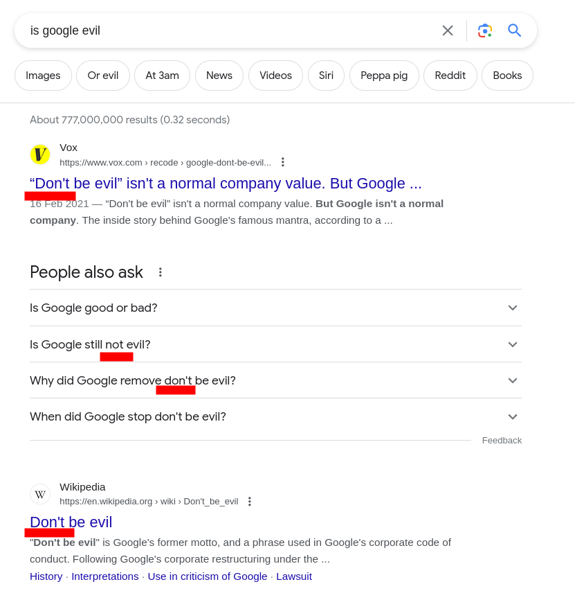 Results for 'is google evil?'