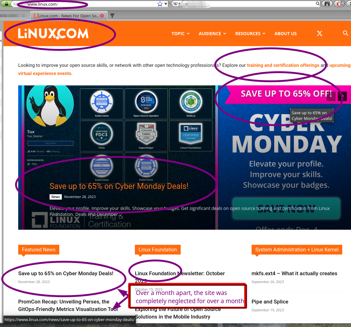 Linux.com Over a month apart, the site was completely neglected for over a month