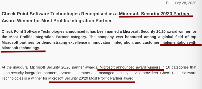Check Point Software Technologies Recognised as a Microsoft Security 20/20 Partner Award Winner for Most Prolific Integration Partner