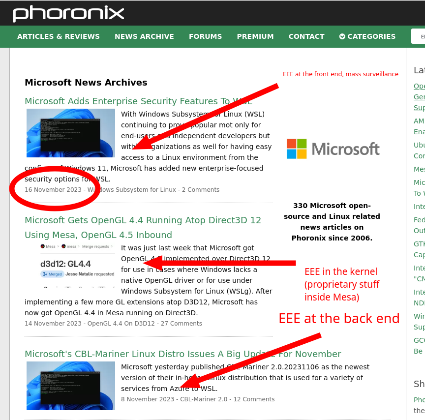 Phoronix Microsoft News Archives: EEE at the back end, EEE in the kernel (proprietary stuff inside Mesa), EEE at the front end, mass surveillance