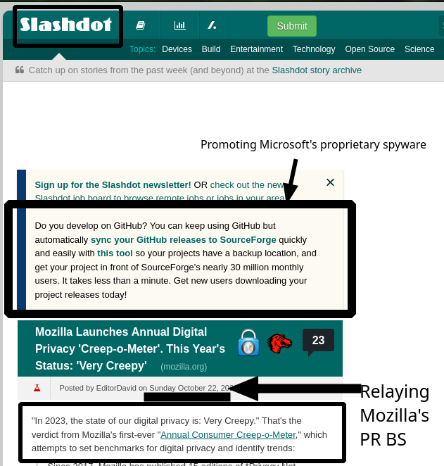 Slashdot: Promoting Microsoft's proprietary spyware; Relaying Mozilla's PR BS