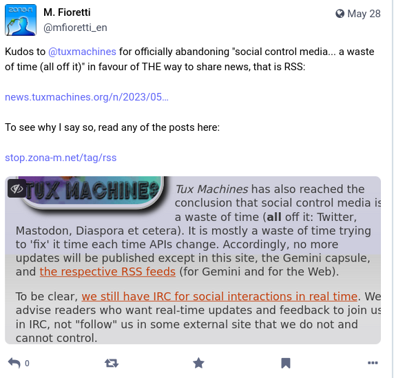 Kudos to @tuxmachines for officially abandoning 'social control media... a waste of time (all off it)' in favour of THE way to share news, that is RSS...