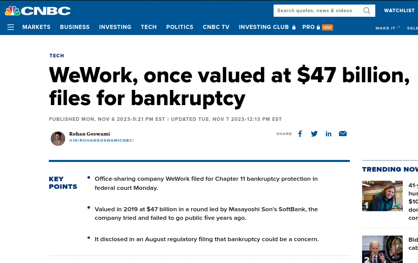 WeWork, once valued at $47 billion, files for bankruptcy