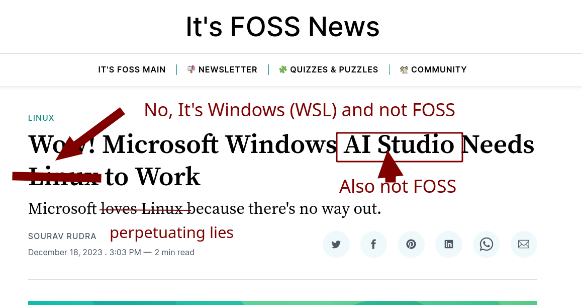 'Wow! Microsoft Windows AI Studio Needs Linux to Work' - perpetuating lies: No, It's Windows (WSL) and not FOSS; Also AI Studio is not FOSS