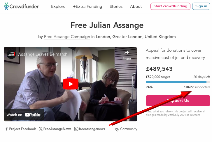 Free Assange Campaign in London, Greater London, United Kingdom; Appeal for donations to cover massive cost of jet and recovery