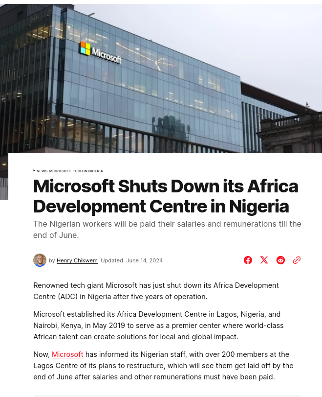 Microsoft Shuts Down its Africa Development Centre in Nigeria
