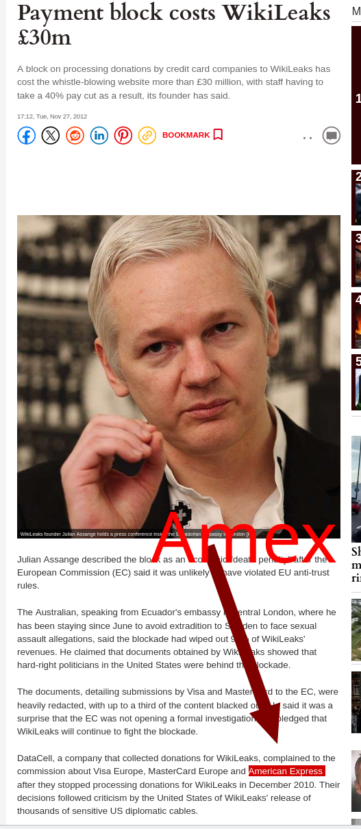 Amex: Payment block costs WikiLeaks £30m