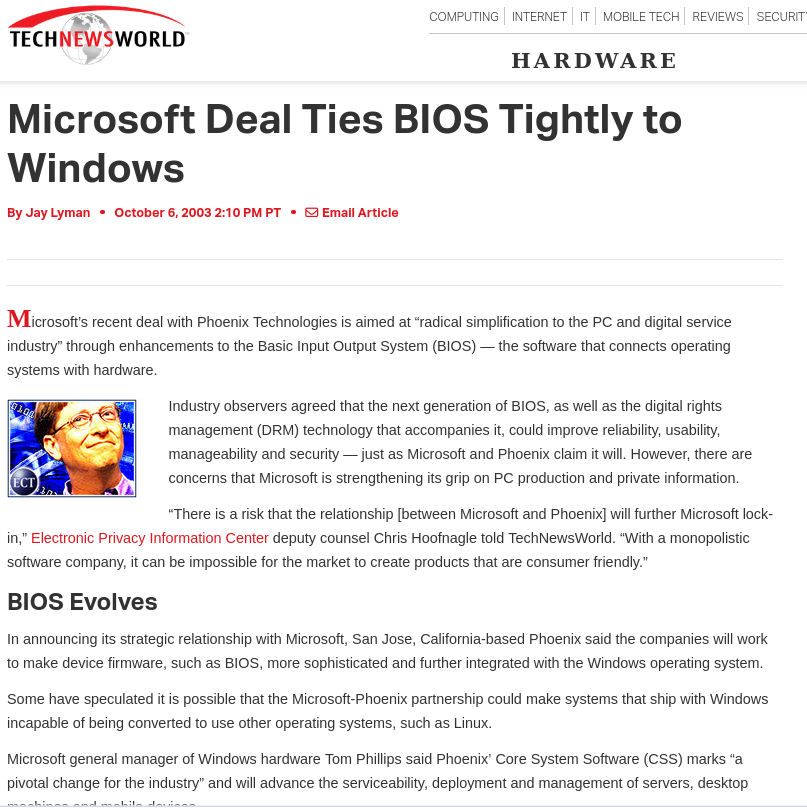 Microsoft Deal Ties BIOS Tightly to Windows