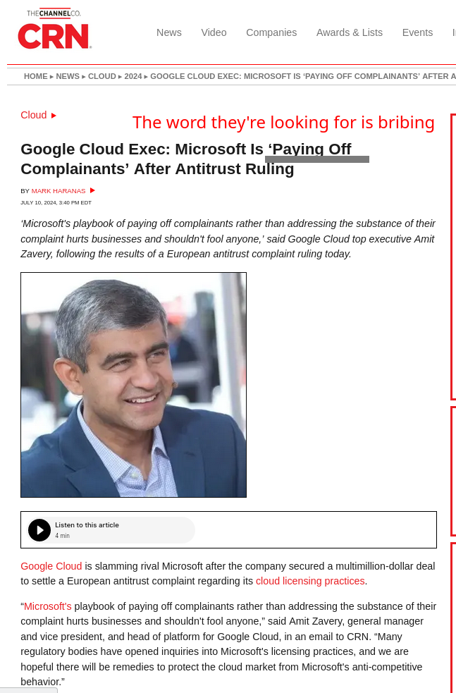 Google Cloud Exec: Microsoft Is ‘Paying Off Complainants’ After Antitrust Ruling