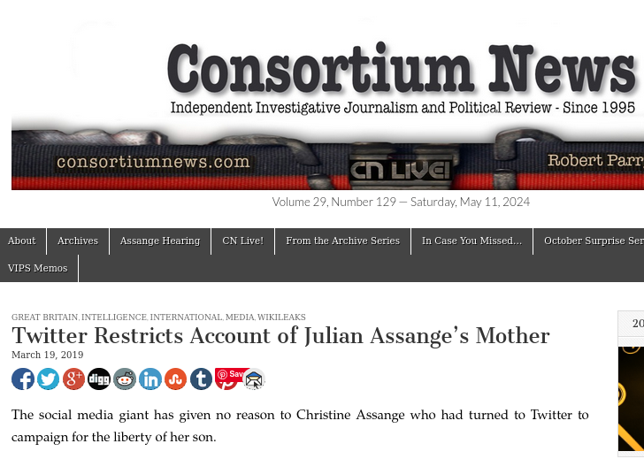 Twitter Restricts Account of Julian Assange’s Mother
