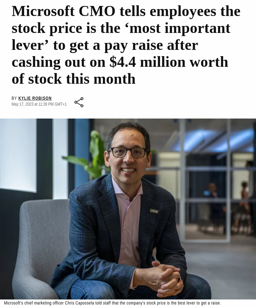Microsoft CMO tells employees the stock price is the ‘most important lever’ to get a pay raise after cashing out on $4.4 million worth of stock this month