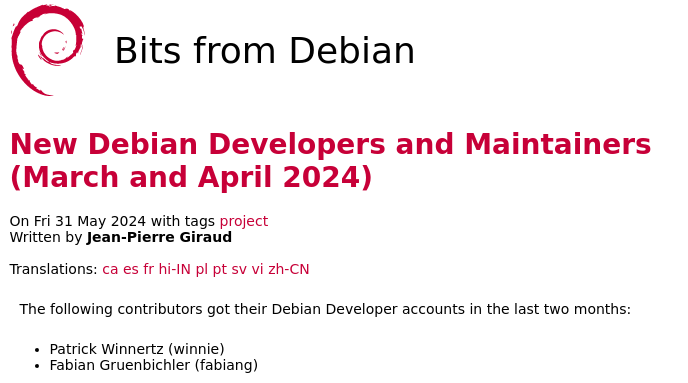 New Debian Developers and Maintainers (March and April 2024)
