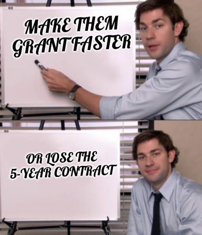 Jim office board: make them grant faster, or lose the 5-year contract