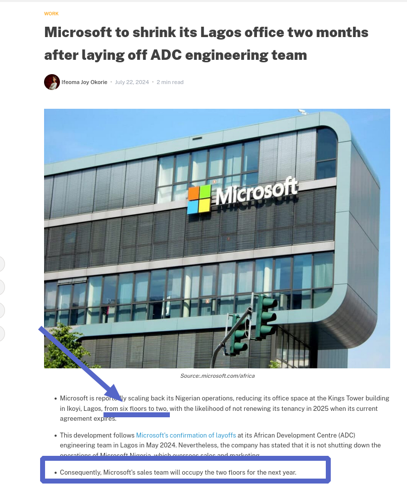 Microsoft to shrink its Lagos office two months after laying off ADC engineering team