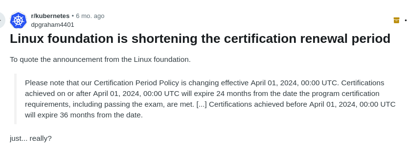 Linux foundation is shortening the certification renewal period 