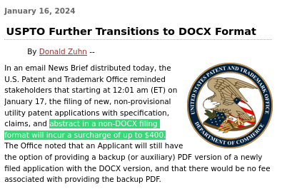 USPTO Further Transitions to DOCX Format: abstract in a non-DOCX filing format will incur a surcharge of up to $400.