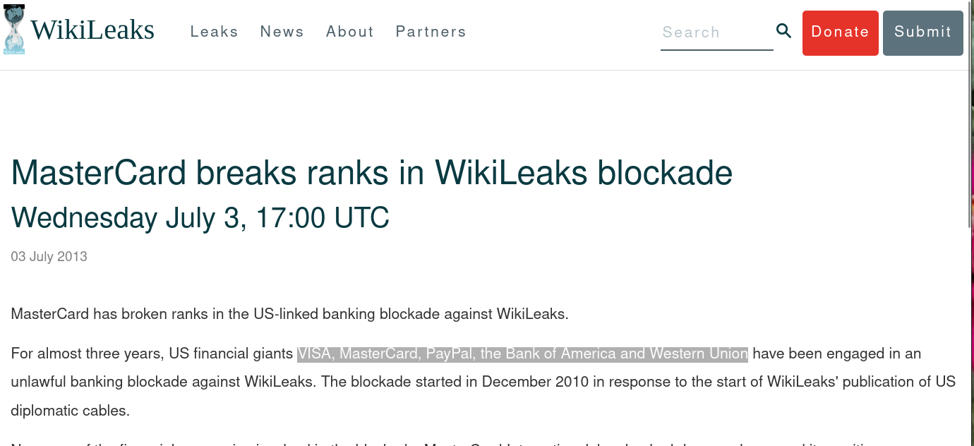 2013: MasterCard breaks ranks in WikiLeaks blockade