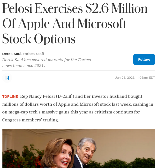 Pelosi Exercises $2.6 Million Of Apple And Microsoft Stock Options