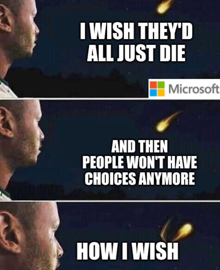 A shooting star meme: I wish they'd all just die; and then people won't have choices anymore; How I wish