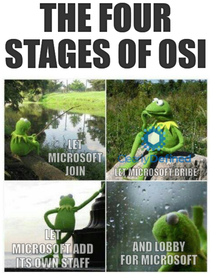The four stages of OSI: Let Microsoft join; Let Microsoft bribe; Let Microsoft add its own staff; And lobby for Microsoft