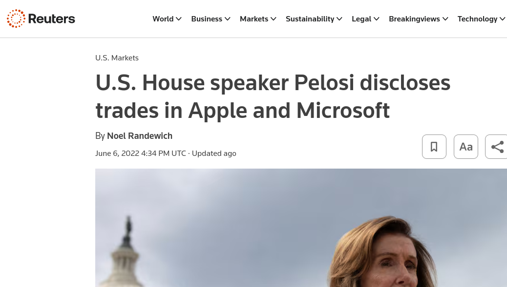 U.S. House speaker Pelosi discloses trades in Apple and Microsoft