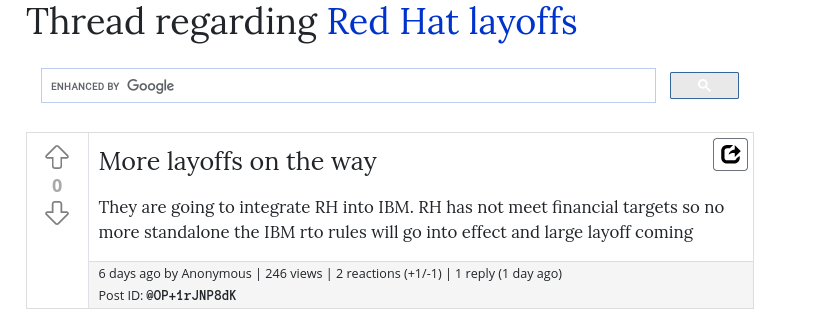They are going to integrate RH into IBM. RH has not meet financial targets so no more standalone the IBM rto rules will go into effect and large layoff coming