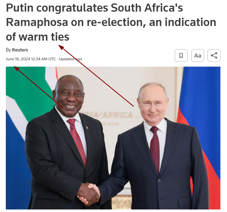 Putin congratulates South Africa's Ramaphosa on re-election, an indication of warm ties