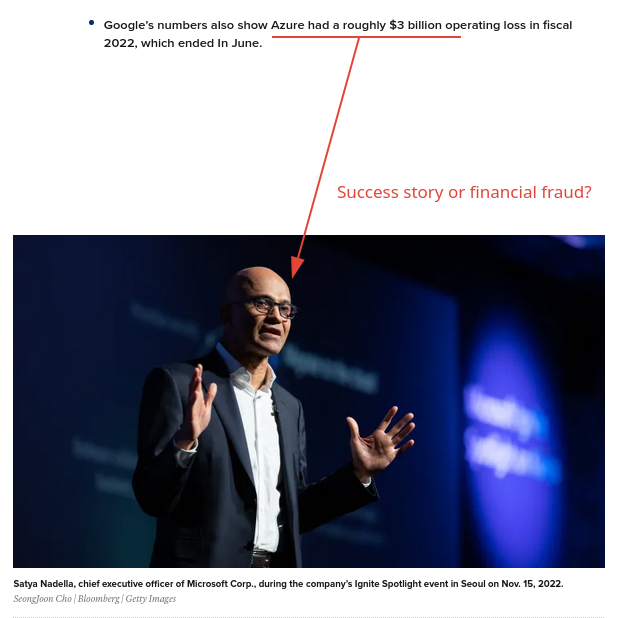 Success story or financial fraud? Google’s numbers also show Azure had a roughly $3 billion operating loss in fiscal 2022, which ended In June.