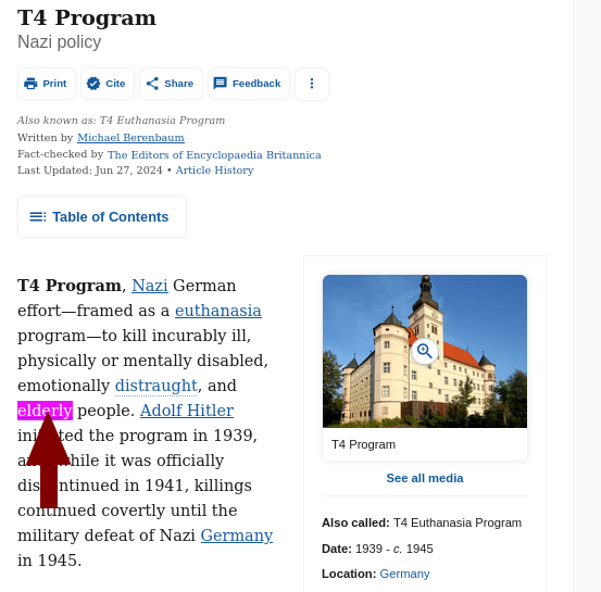 T4 Program, Nazi German effort—framed as a euthanasia program—to kill incurably ill, physically or mentally disabled, emotionally distraught, and elderly people. Adolf Hitler initiated the program in 1939, and, while it was officially discontinued in 1941, killings continued covertly until the military defeat of Nazi Germany in 1945.