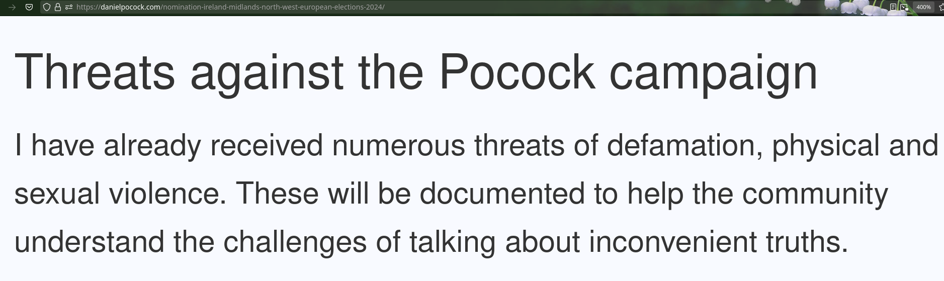 I have already received numerous threats of defamation, physical and sexual violence. These will be documented to help the community understand the challenges of talking about inconvenient truths.