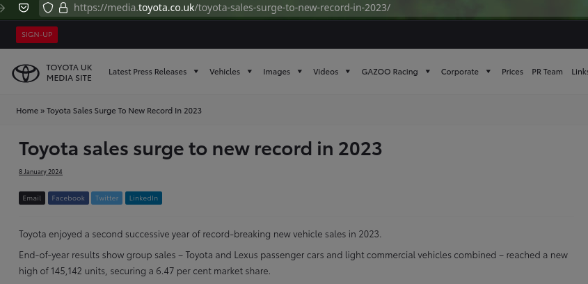 Toyota sales surge to new record in 2023