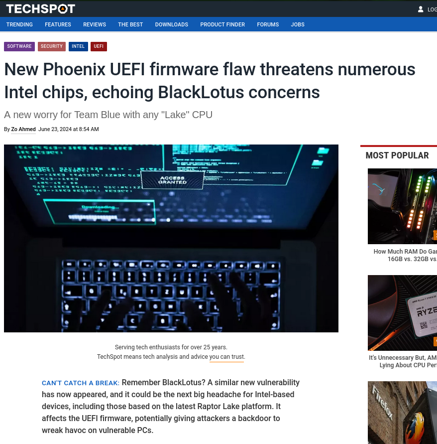 New Phoenix UEFI firmware flaw threatens numerous Intel chips, echoing BlackLotus concerns