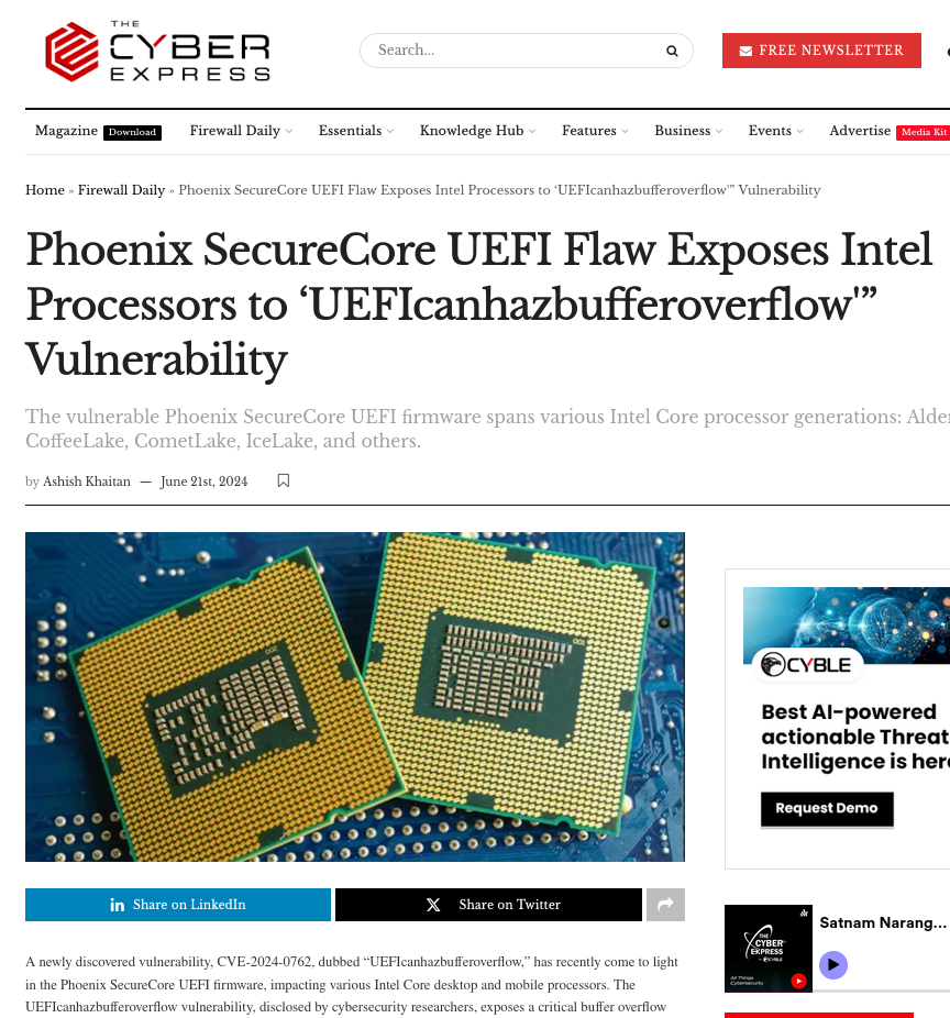 Phoenix SecureCore UEFI Flaw Exposes Intel Processors to ‘UEFIcanhazbufferoverflow'” Vulnerability