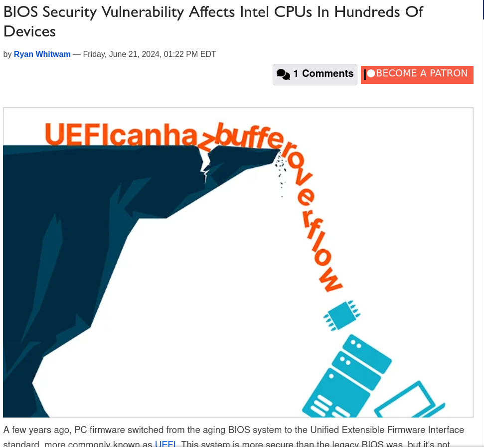 BIOS Security Vulnerability Affects Intel CPUs In Hundreds Of Devices