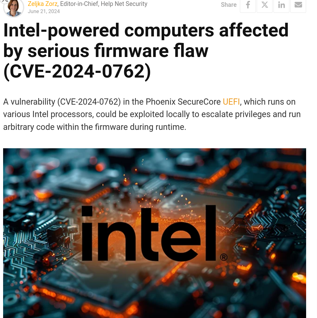 Intel-powered computers affected by serious firmware flaw (CVE-2024-0762)
