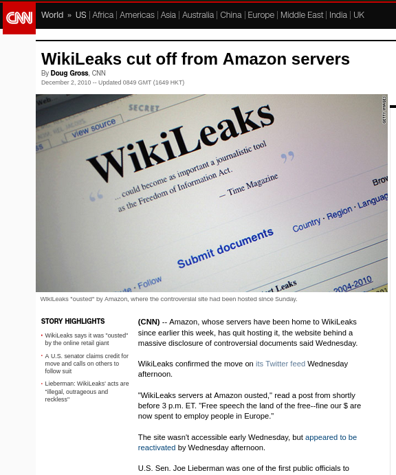 WikiLeaks cut off from Amazon servers