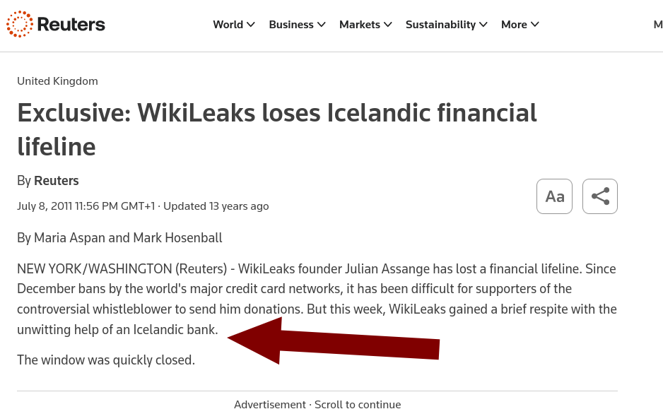 Exclusive: WikiLeaks loses Icelandic financial lifeline