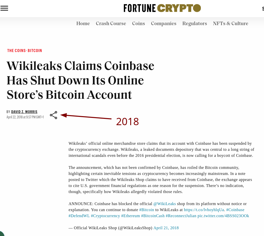 2018: Wikileaks Claims Coinbase Has Shut Down Its Online Store’s Bitcoin Account